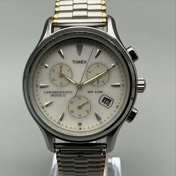 Timex Chronograph Indiglo Mens Watch 38mm Silver Tone Date Stretch New Battery