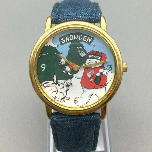 Vintage Snowden Womens Watch 34mm SNOQA09B-20 Denim Strap Snowman New Battery