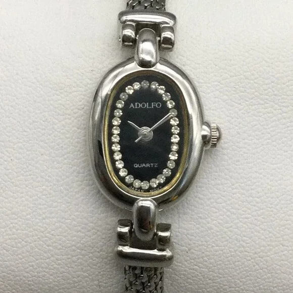 Adolfo Womens Watch 16mm Black Dial Silver Tone Crystals New Battery 7.5