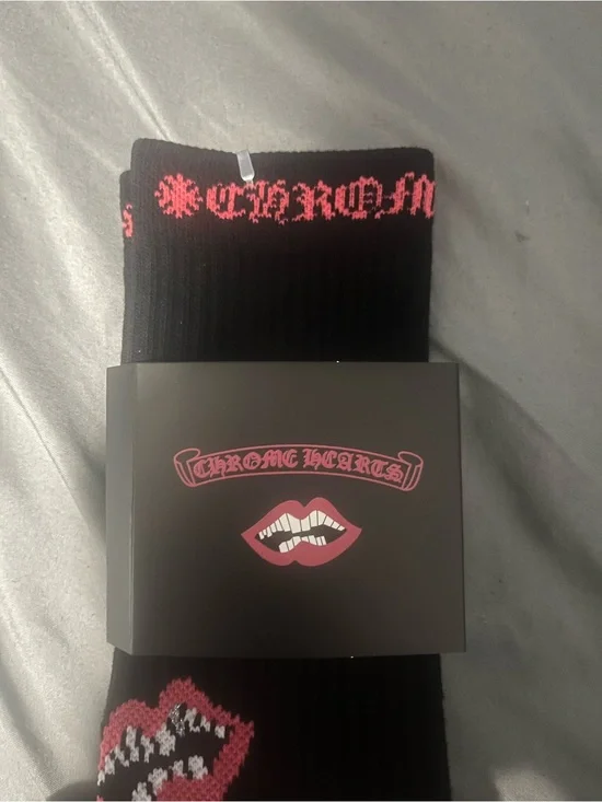 Chrome Hearts Black & Pink Logo Crew Socks with Lip Graphic