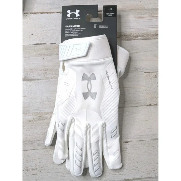 UNDER ARMOUR UA F9 Nitro Football Receiver Gloves Size L Large White Metallic