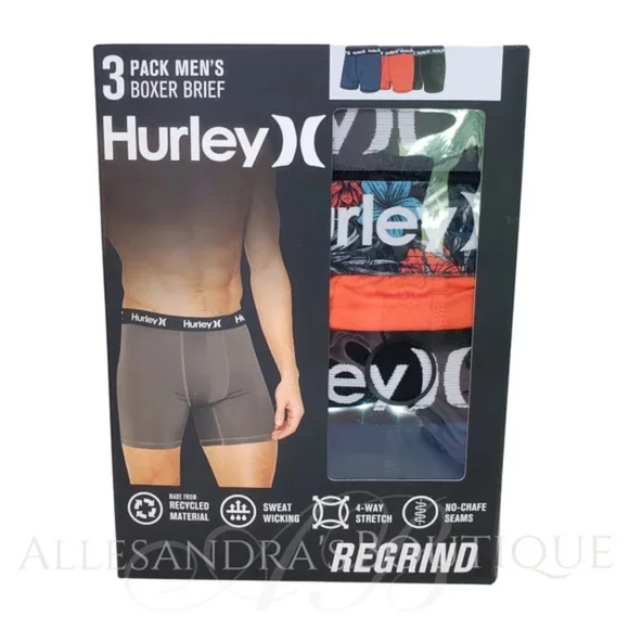 Hurley Men's Regrind Boxer Briefs Underwear 4 Way Stretch Sweat Wicking 3 Pairs