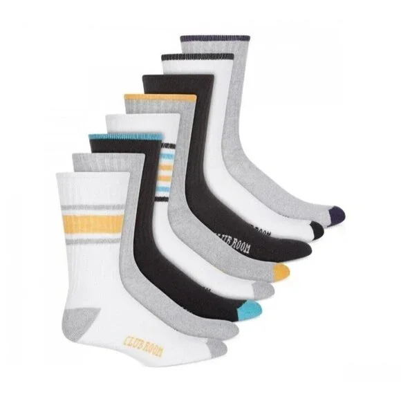 MEN'S Club Room Crew Striped Socks 8-Pack Pairs Blue/Yellow/Blk. 10-13. NWT $40.