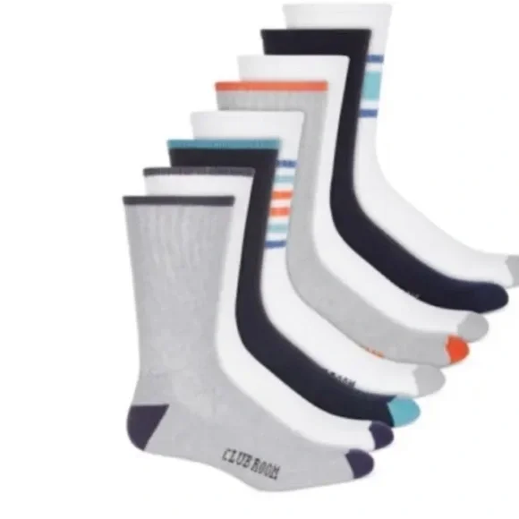 MEN'S Club Room Crew Striped Socks 8-Pack Pairs Navy/Orange/Blue 10-13. NWT $40.