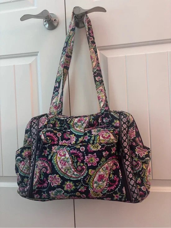 Vera Bradley Navy Quilted Diaper Bag with Pink and Green Paisley