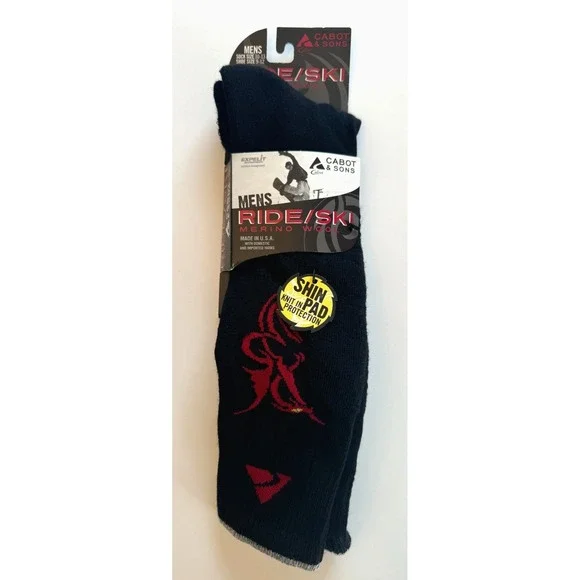 NEW CABOT & SONS Ride / Ski Merino Wool Socks Black & Red Shin Pad Men's 10-13