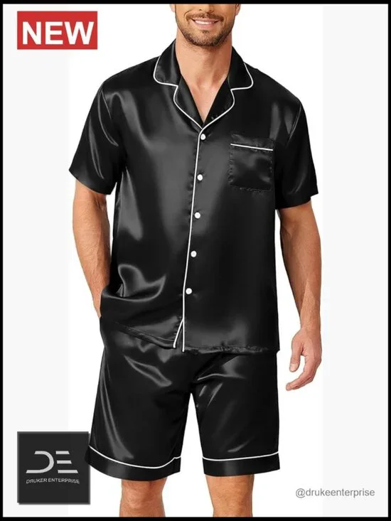 Men's Silk Satin Pajama Set Short Sleeve Button Down 2 Piece with Pockets