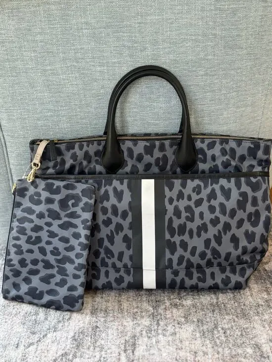 Pottery Barn Kids Nylon Large Diaper Tote Bag Black Gray Leopard Leather $189