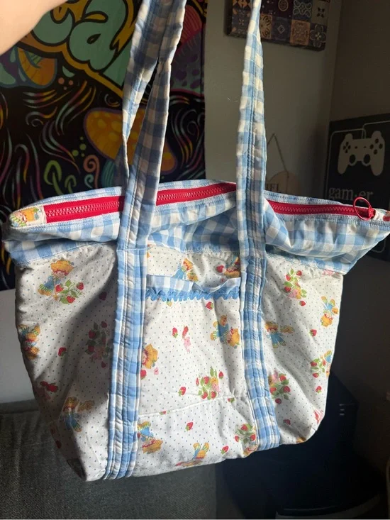Classic Blue Gingham Tote Bag with Floral Print