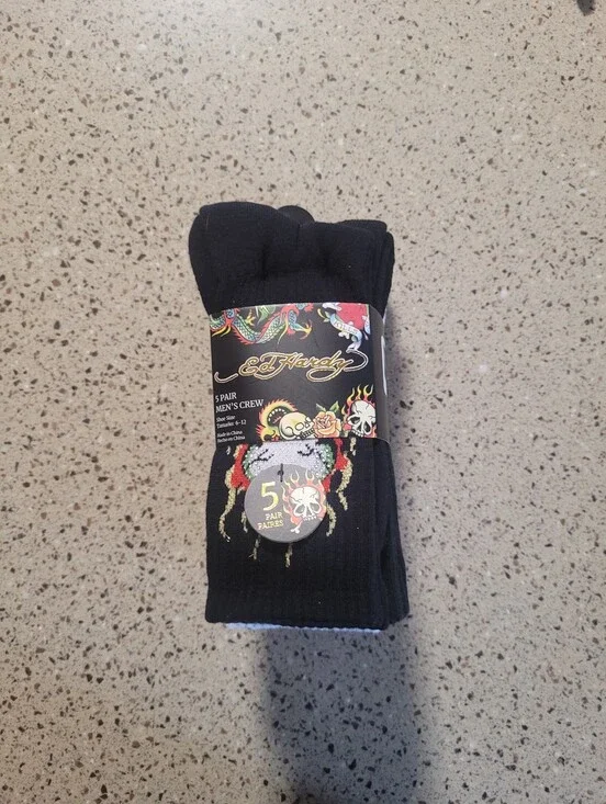 5-Pk Ed Hardy Mens Size 6-12  Cushioned Crew Socks Tattoo Fire Heart Y2K