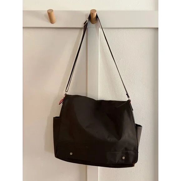 Kate Spade New York brown + red nylon + leather Baby Bag Tote messenger workbag