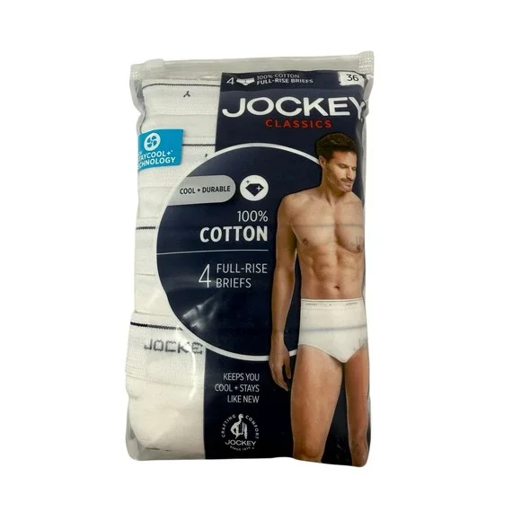 Jockey Classics Men's 36 Full Rise‎ Briefs 4-Pack 100% Cotton White NEW.