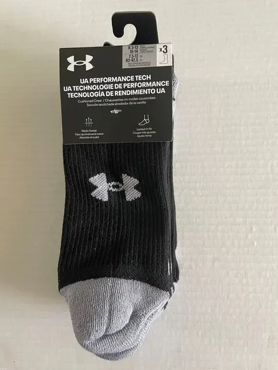 3 Pair Under Armour Crew Athletic Black Socks Size L NEW