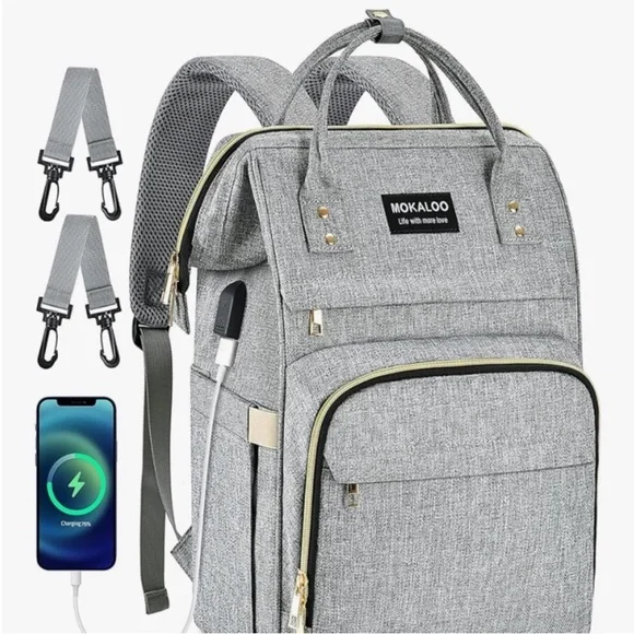 Mokaloo Gray Diaper Bag Backpack with USB Port