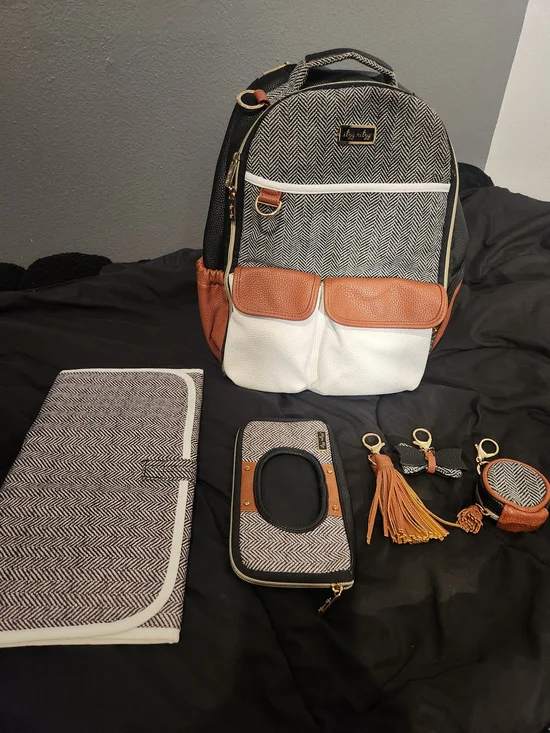 Itzy Ritzy Herringbone Diaper Backpack in Black, White & Brown