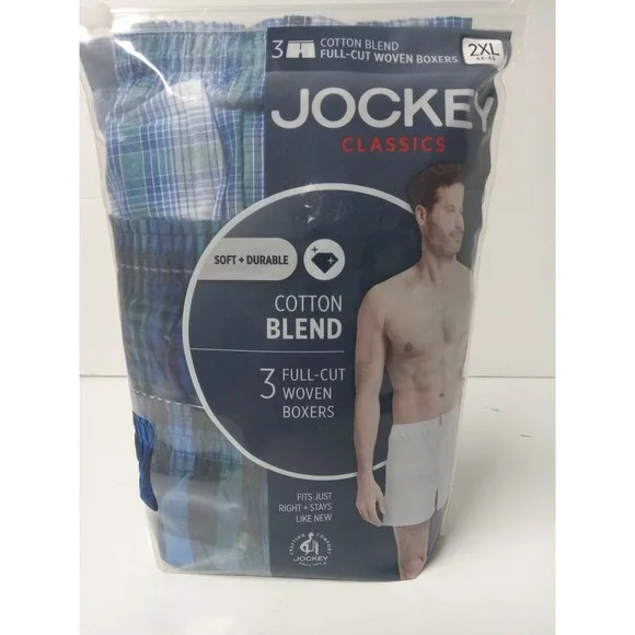 Men's 3-Pack 2XL Jockey Woven‎ Boxer Shorts Cotton Blend Full Cut Blue Plaid NEW