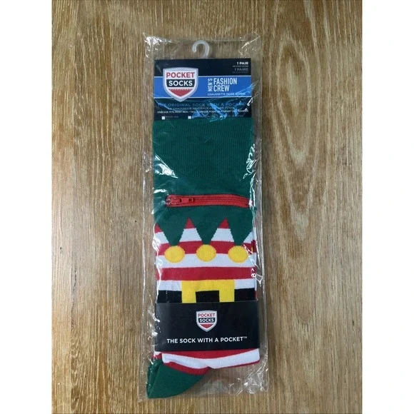 Pocket Socks Men's Large Crew - Elf‎ Christmas Zipper Gag Gift