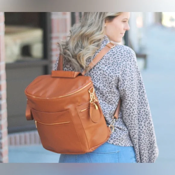 Faux leather brown cognac tan large backpack diaper bag
