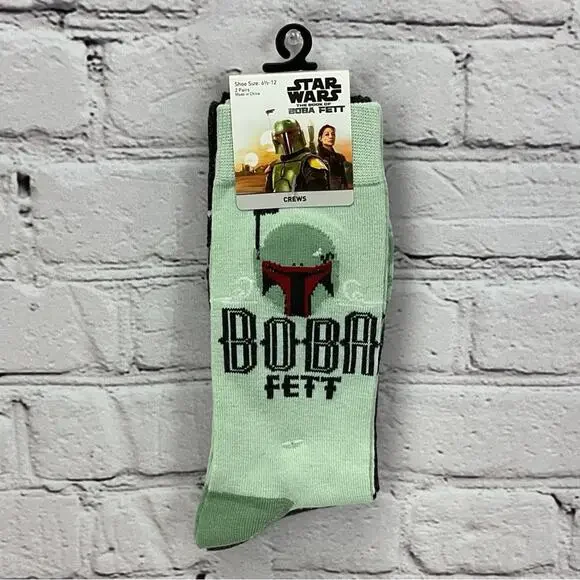 Disney Star Wars Novelty Crew Socks Boba Fett 2 Pair Men's Shoe Size 6.5-12 NWT