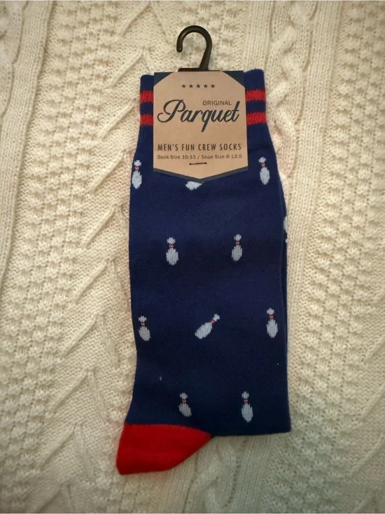 Parquet Men's Navy Crew Socks‎ with Red Toe and Bowling Pin Motif