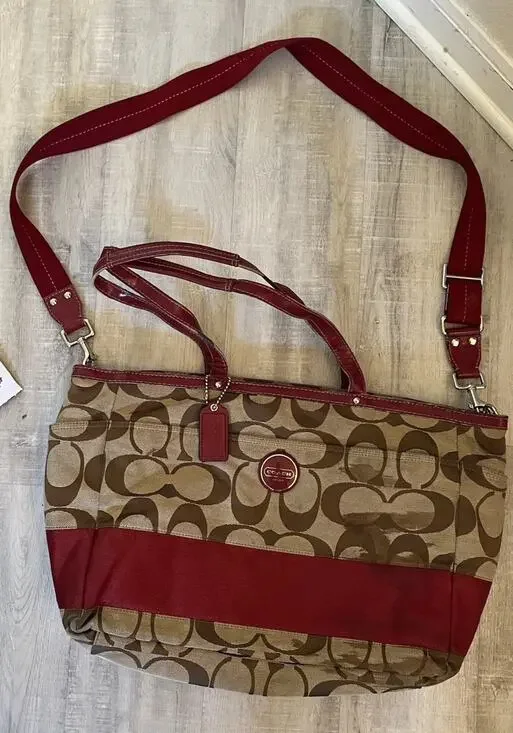 COACH Tan Red Signature Stripe Weekender Travel Carryall Diaper Bag 17443