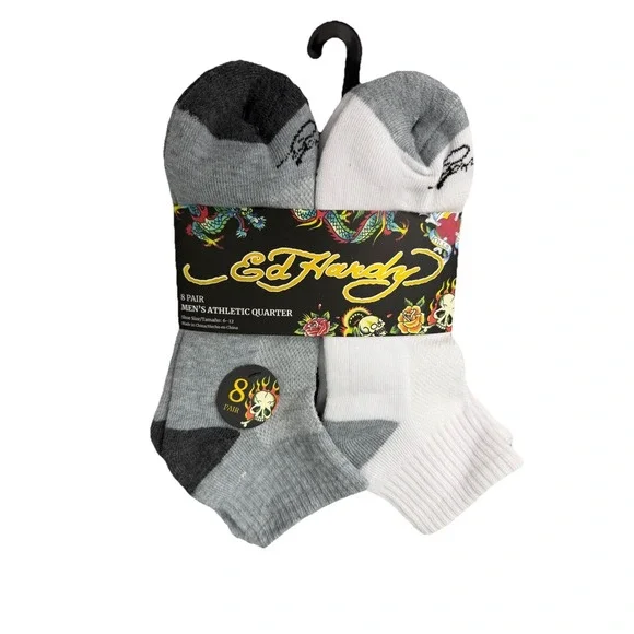 Ed Hardy Men's Athletic Quarter Socks - 8 Pairs -‎ Mixed Colors Moisture SZ 6-12