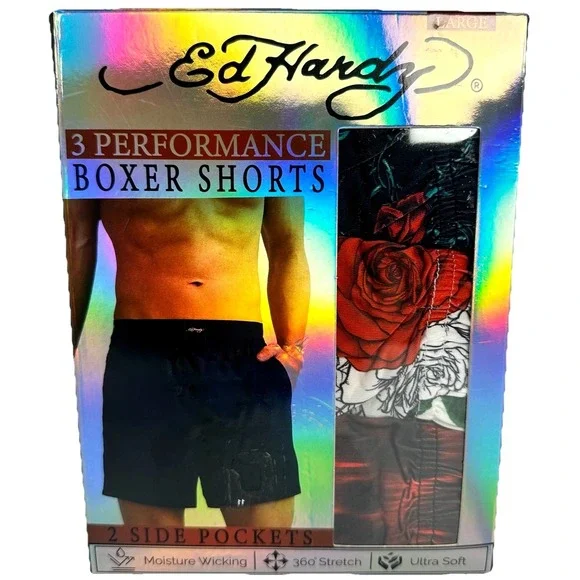 Ed Hardy 4 Pack Boxer Briefs Men's Large 36-38 Skull Dragon Rose Performance NWT