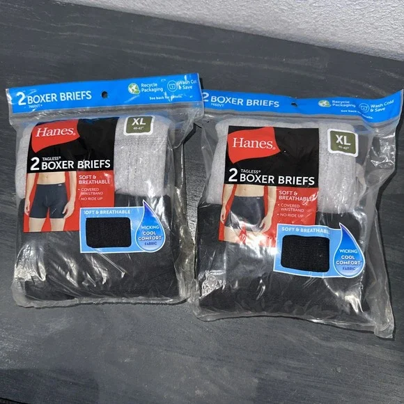 Lot Of 2 Men's X-LARGE Hanes Tagless Wicking Boxer Briefs‎ 2 Pack