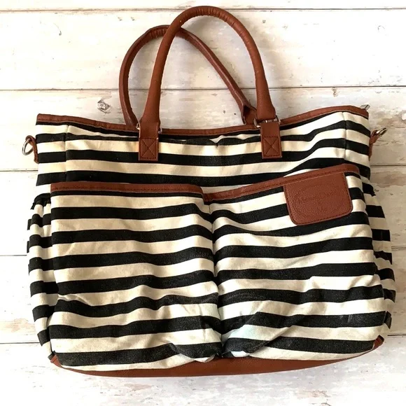 MommyDaddy & Me Black White Striped Diaper Bag Purse Brown Leather Straps