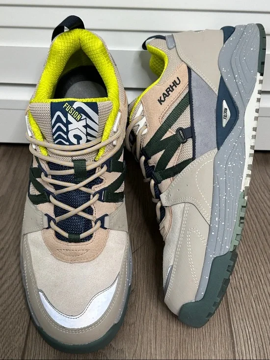 Karhu Fusion 2.0 Men’s Athletic Shoes — Beige, Navy & Neon Yellow