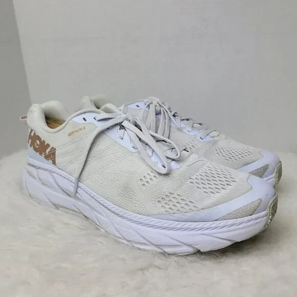 Hoka One One Clifton 6 White & Gold Rose Running Sneakers Shoes Size 11