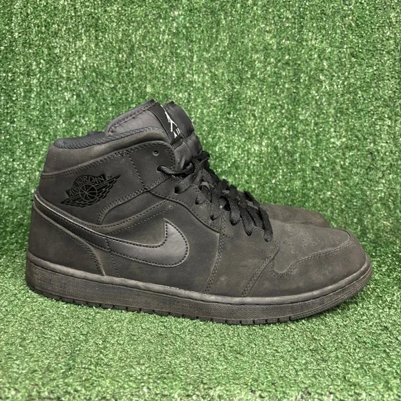 Jordan 1 Mid Nubuck Leather Athletic Basketball Sneaker Triple Black Mens Sz 14