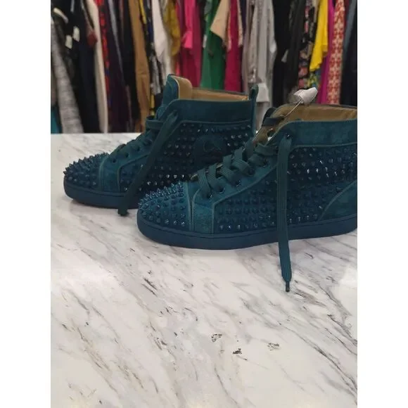 Christian Louboutin Teal Spike Suede High-Top Sneakers