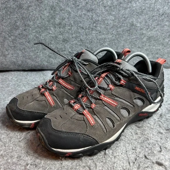 Merrell Mens Hiking Shoes Grey Orange Suede Mesh Low Top Trail Sneakers Size 9.5