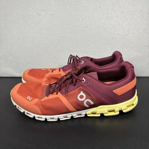 On Cloudflow Running Shoes Mens Size 14 Rust/Limelight Athletic Sneakers Lace Up