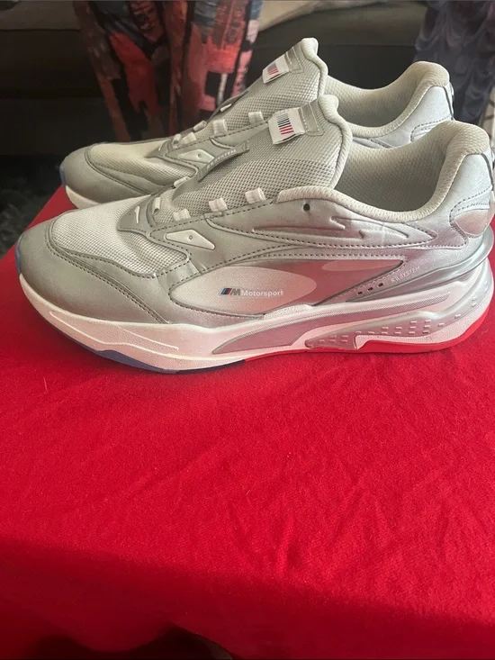 Puma Silver Mesh Athletic Sneakers with Blue & Red Accents