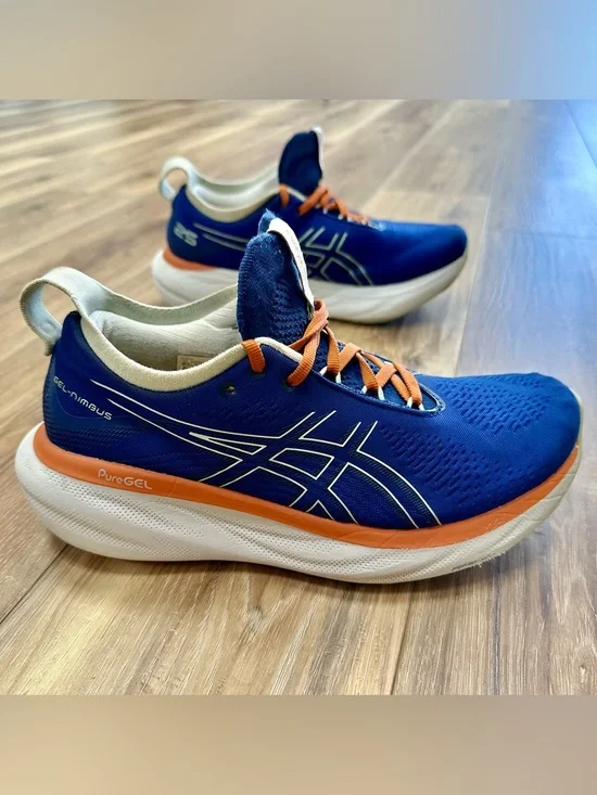 Asics Gel-Nimbus 25 Running Shoes 1011B739 Navy Orange White, Men’s 8.5