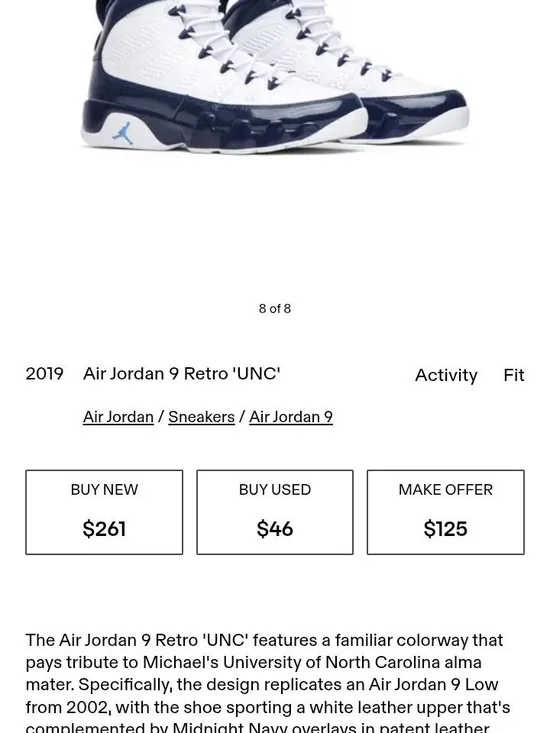 Air Jordan 9 Retro UNC White & Navy Basketball Sneakers