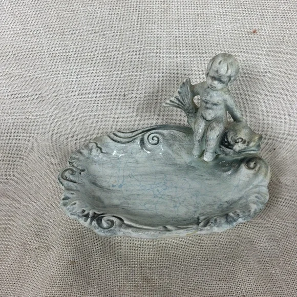VINTAGE ENESCO Nautical Cherub Boy On Koi Fish Bathroom Soap/Trinket Dish E-4066