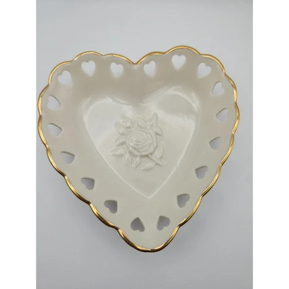 Lenox Heart Dish - Ivory with Gold Trim & Heart Shaped Cutouts with Rose USA