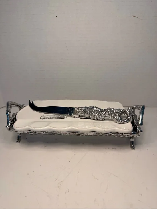 Mud Pie Grape Motif Cheese Serving Set with Metal Tray and Knife