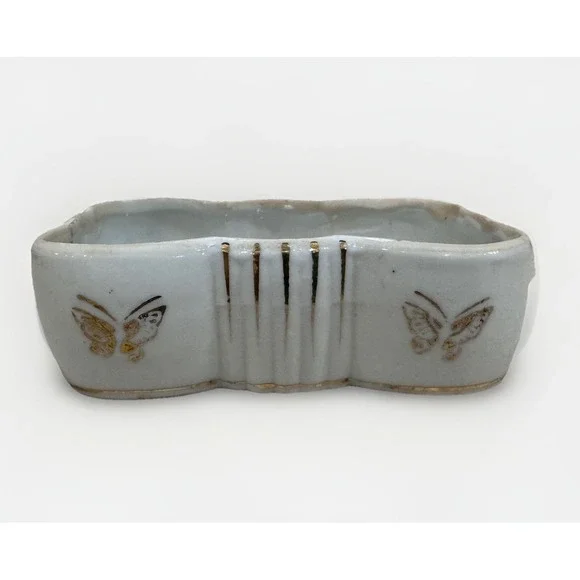 VTG Ceramic Soap Dish White Gold Brown Butterfly MCM Hand Painted Made In‎ Japan