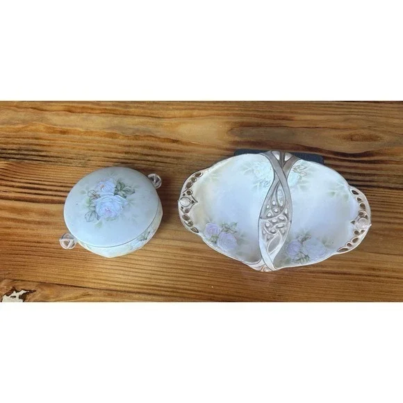 2-PC Antique Bayreuth Bavaria Ivory Vanity‎ Basket & Trinket Dish Artist Signed