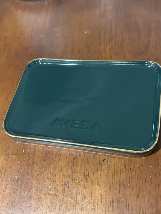 AVEDA bar soap or trinket dish Dark Green Metal Tray with Gold Edge