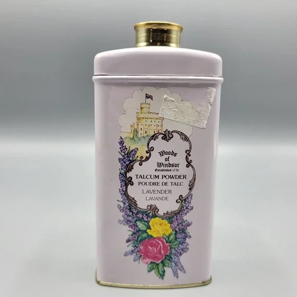 Vintage Woods of Windsor Talcum Powder 3.5oz Lavender Floral Tin Purple England
