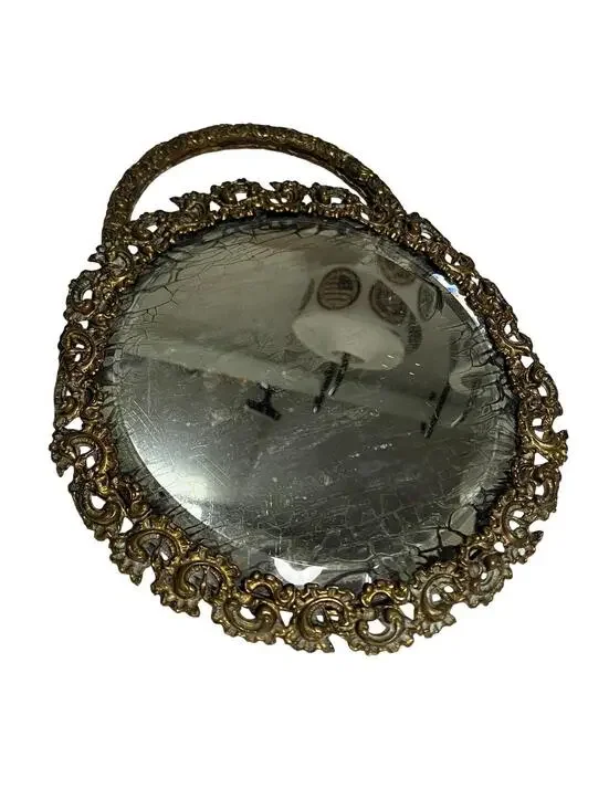 Vintage Brass Vanity Mirror Tray Round Ornate Handle