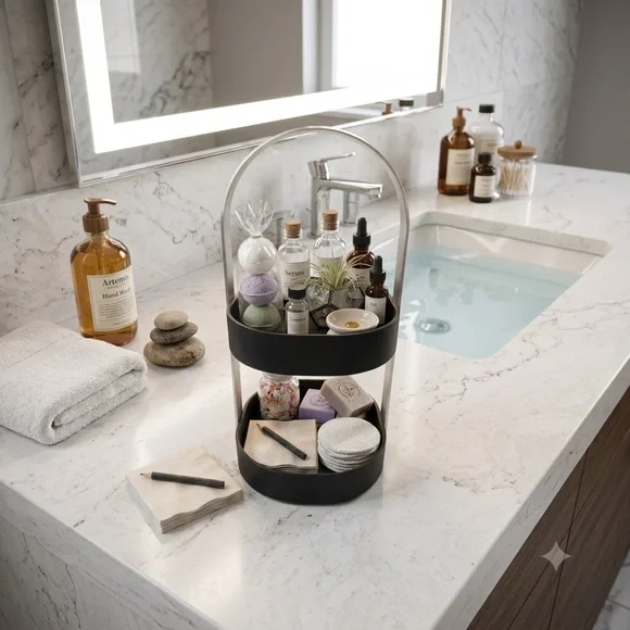 Modern 2-Tier Caddy Organizer Minimalist Tiered Storage Tray for Desk, or Vanity
