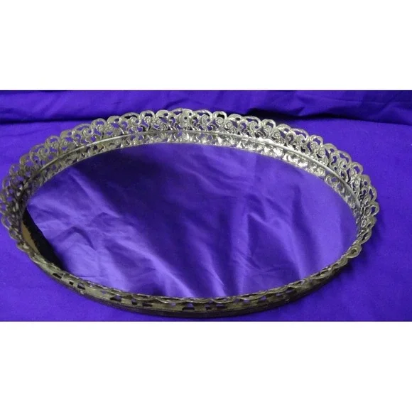 Vanity Tray Mirror Vintage Oval Dresser Gold Filigree Hollywood Regency #183