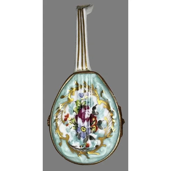 Antique Sevres Style Porcelain Mandolin Trinket Box Hand Paint Hinged Snuff Pill