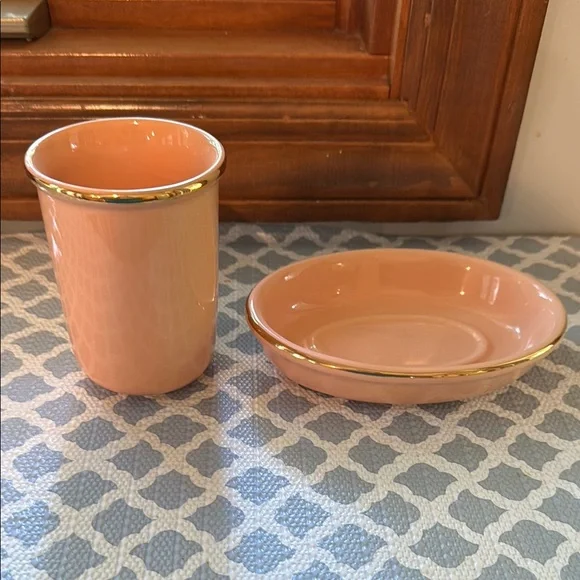 Elegant Peach Ceramic Cup and Soap Set with Gold Trim